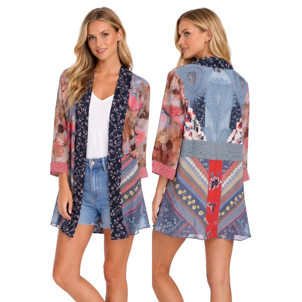 John Mark Womens Mixed Floral Patchwork Lace Back‎ Kimono Cardigan Medium Multi